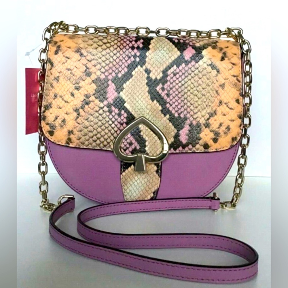 KATE SPADE Satchel Robyn Exotic Mix Leather Medium Chain Saddle Handbag Pink NWT